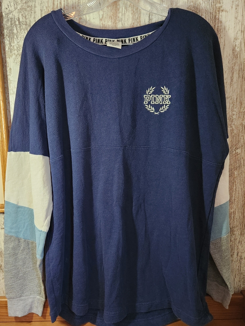 Victoria's Secret PINK Navy Colorblock Varsity Long Sleeve Campus Tee Large